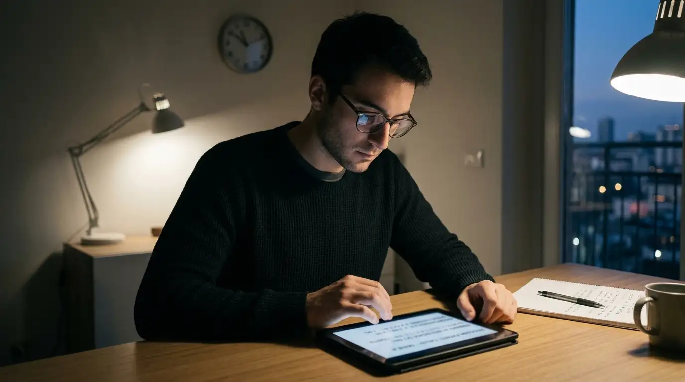 Scommettitore concentrato che si esercita a leggere le quote prima dell'incontro