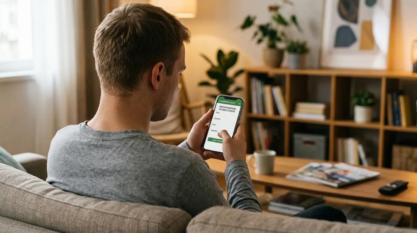 Persona che apre un conto di gioco su un'app di scommesse dal proprio smartphone