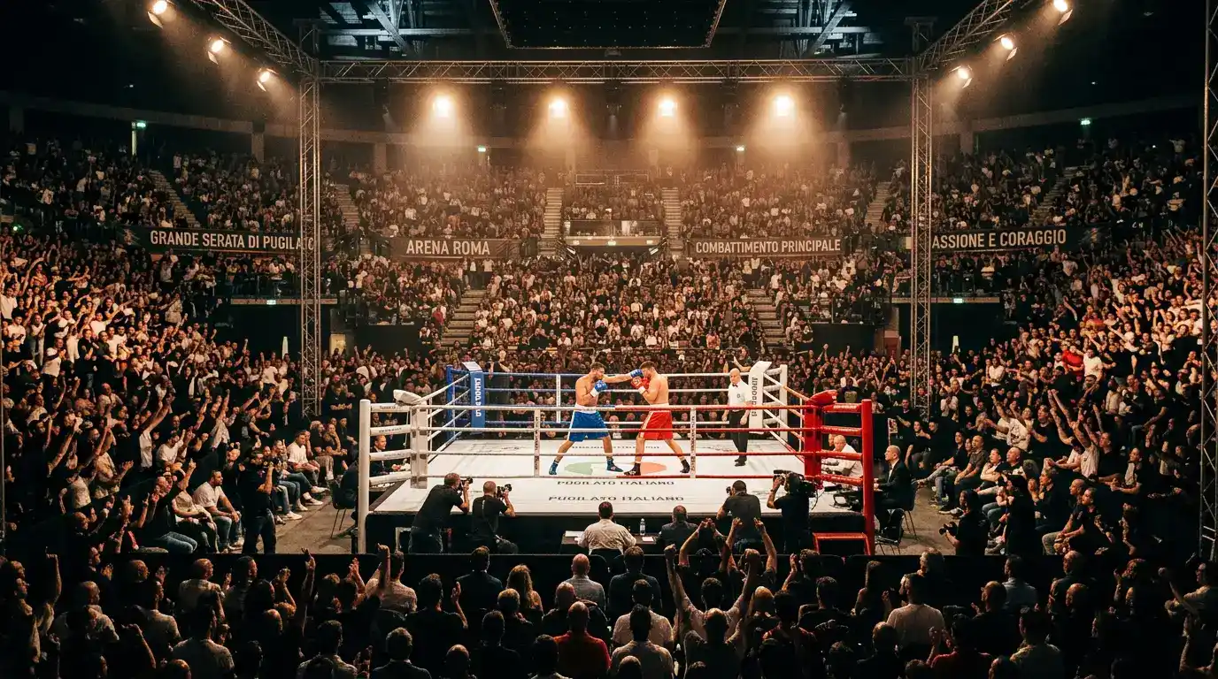 Pubblico numeroso assiste a un grande incontro di boxe in un'arena gremita