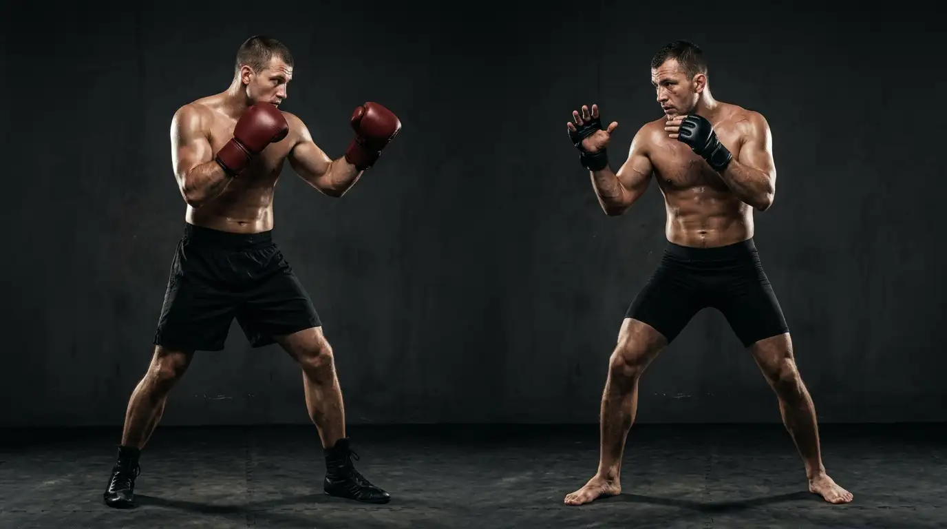Pugile e lottatore di MMA a confronto come due discipline da combattimento