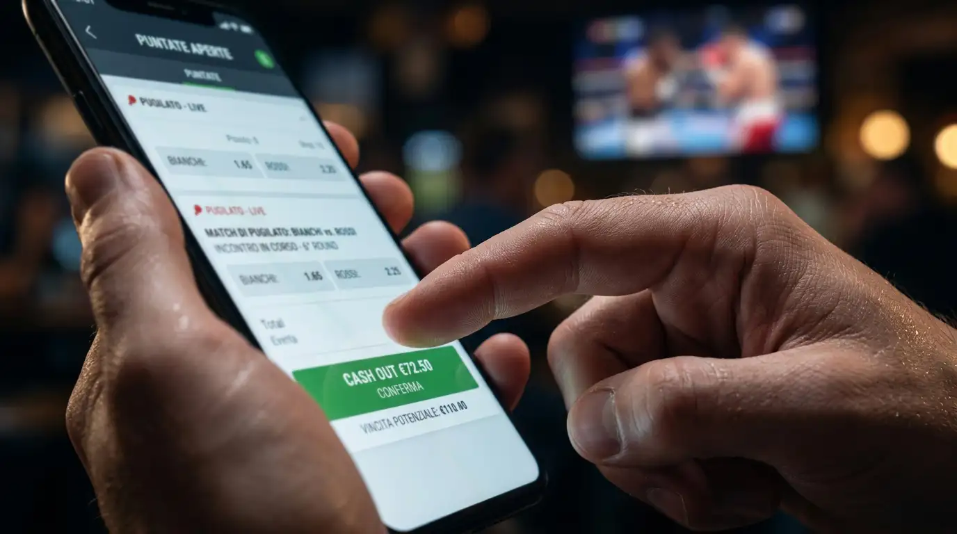 Dito sospeso sopra il pulsante di incasso anticipato di una scommessa su uno smartphone