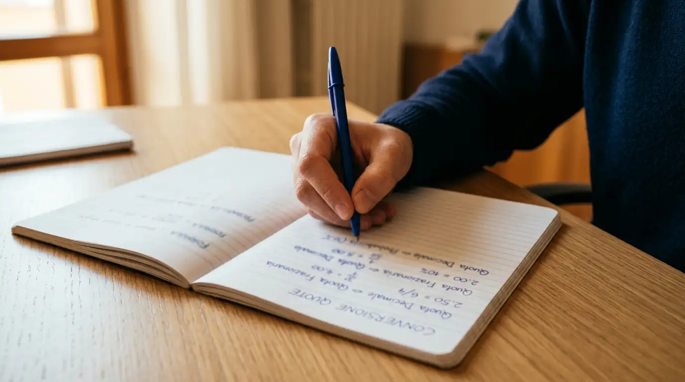Persona che annota una semplice conversione di quote su un blocco note