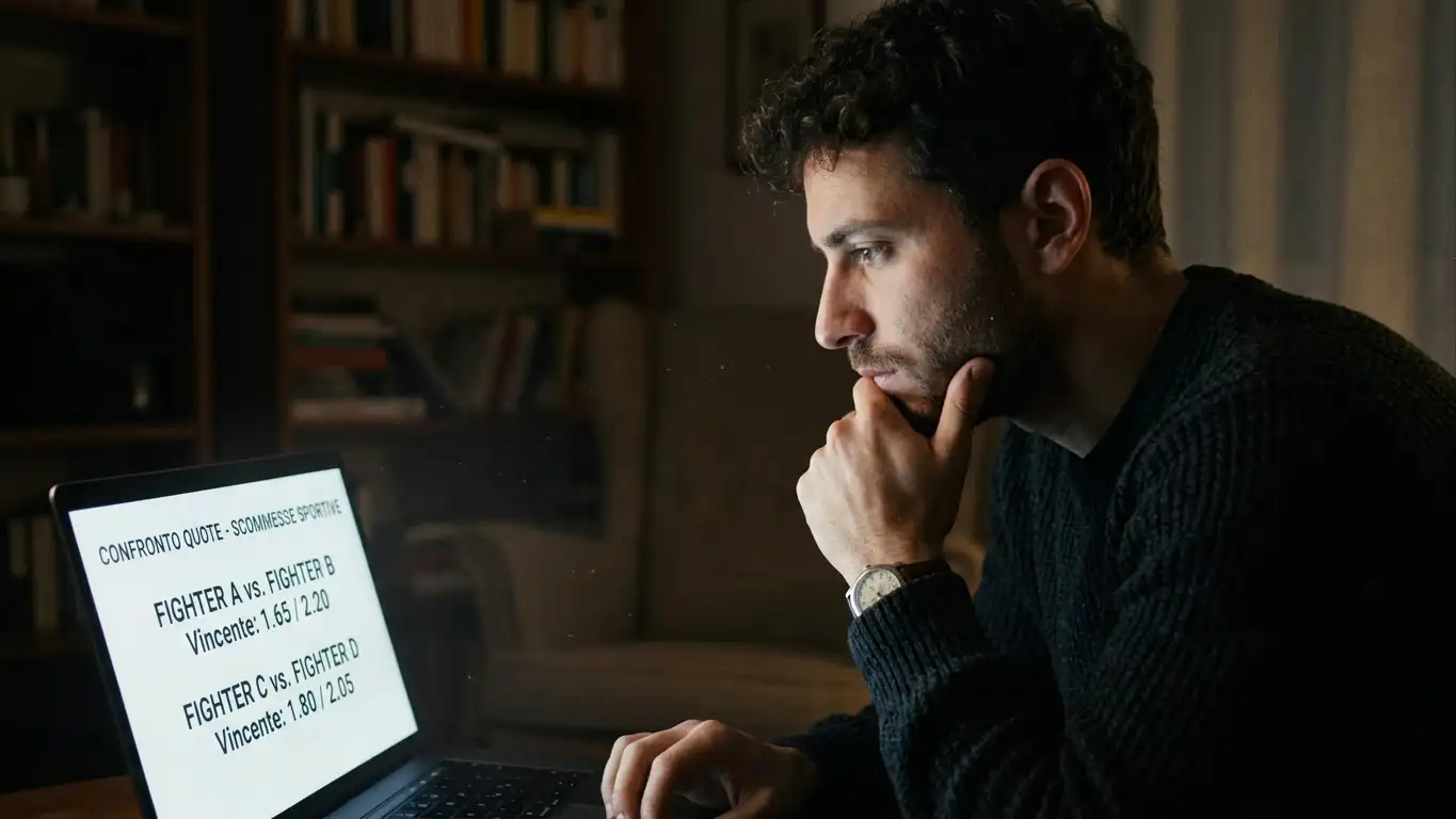 Scommettitore che confronta le quote di un pugile favorito su uno schermo
