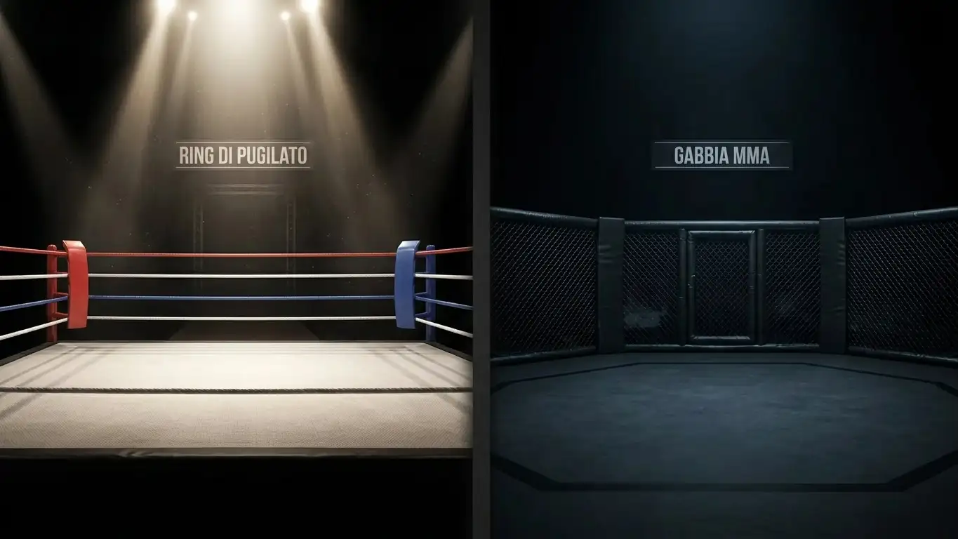 Ring di pugilato illuminato accanto a una gabbia ottagonale per MMA