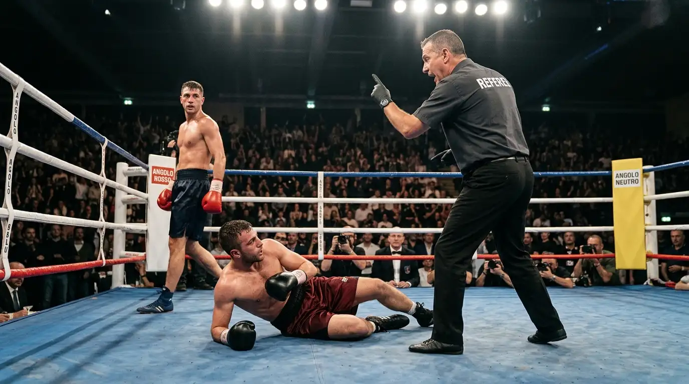 Pugile a terra dopo un colpo mentre l'arbitro avvia il conteggio sul ring