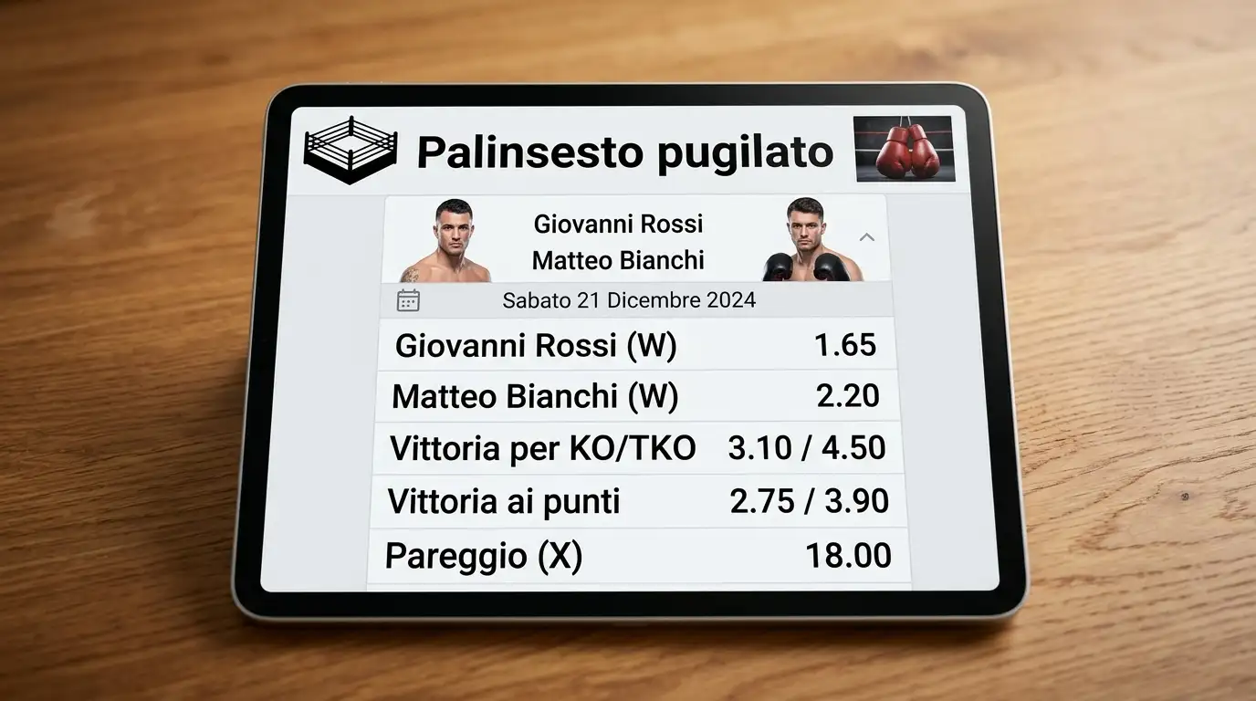Palinsesto di un incontro di pugilato con la lista dei mercati e delle quote