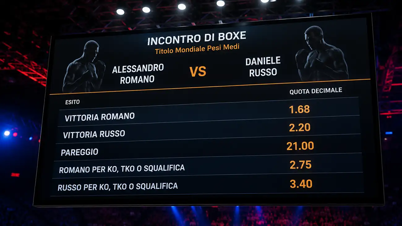 Tabellone luminoso con quote di un incontro di pugilato in formato decimale