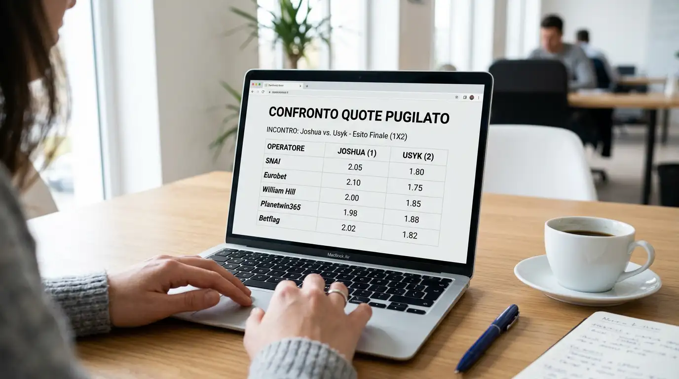 Mano che confronta su un portatile l'offerta di pugilato di diversi bookmaker con concessione ADM