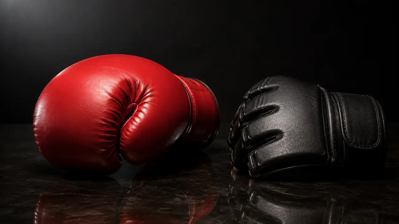 Guantone da boxe e guanto da MMA affiancati su sfondo scuro