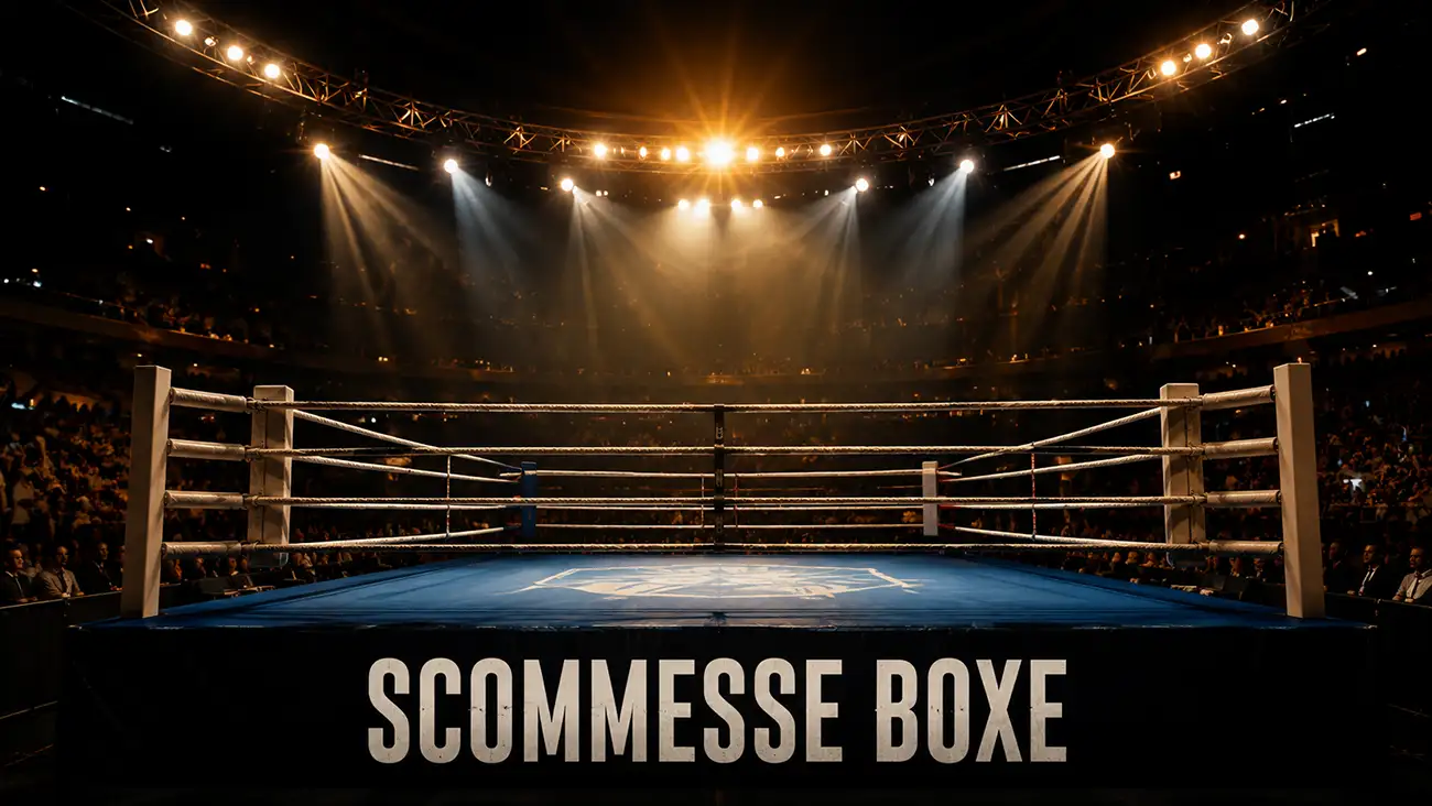 Ring di pugilato illuminato durante una grande serata di boxe con quote di scommessa in primo piano