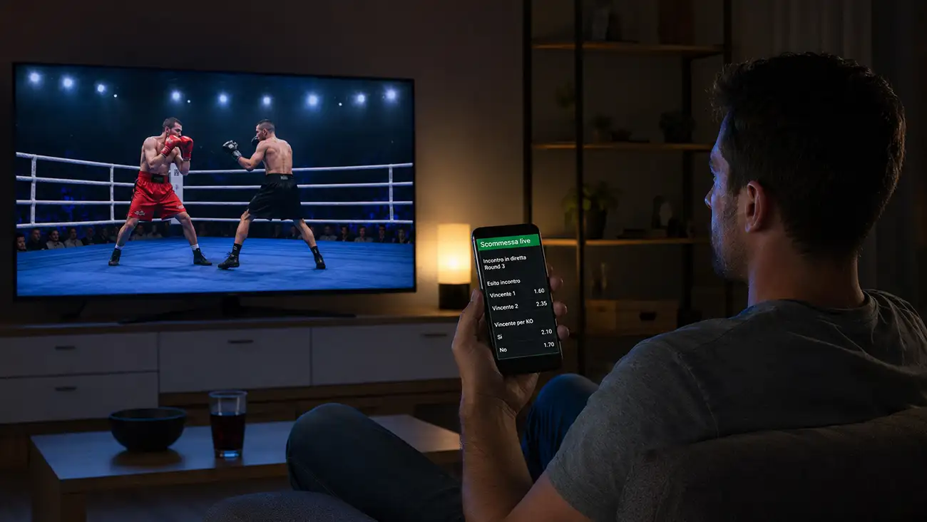 Spettatore che segue un incontro di boxe in diretta seguendo le quote live sul telefono