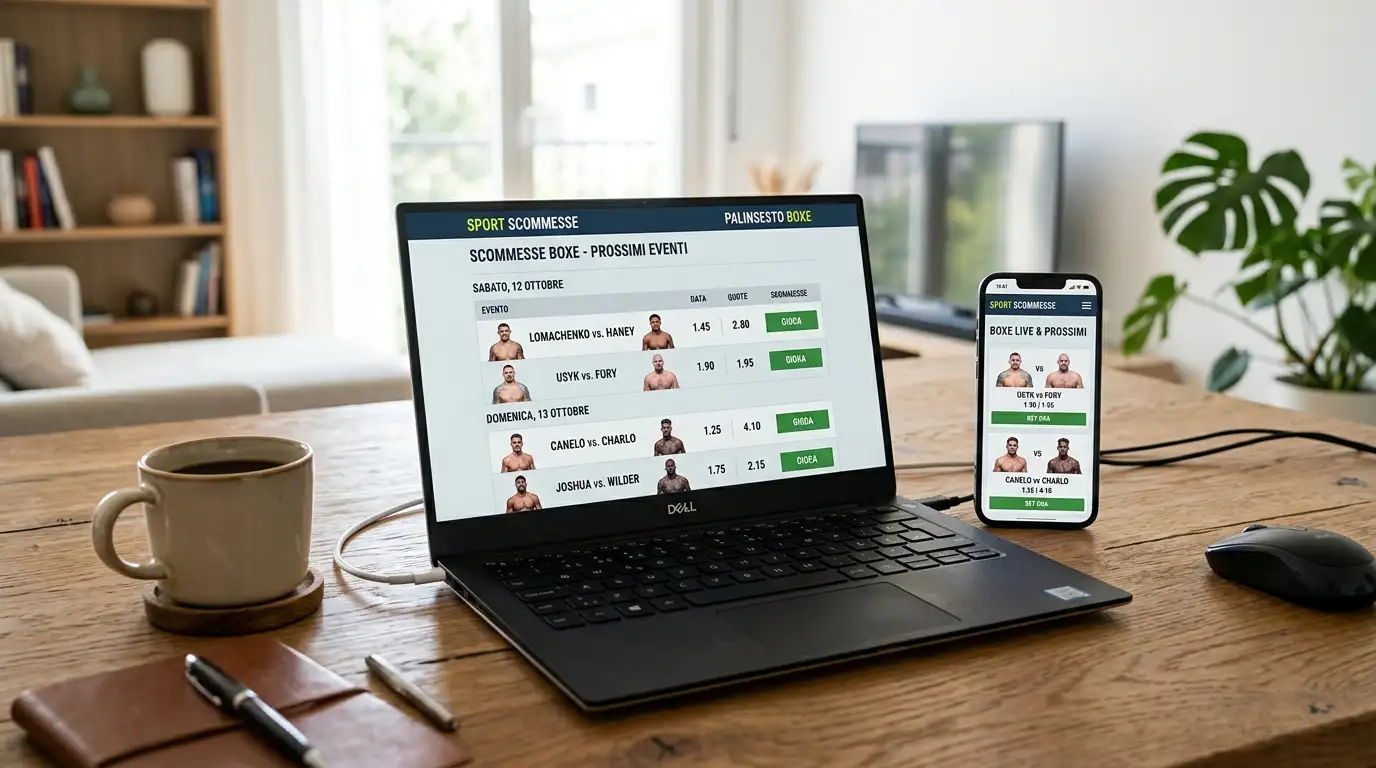 Schermo di un sito di scommesse sportive con palinsesto di incontri di pugilato