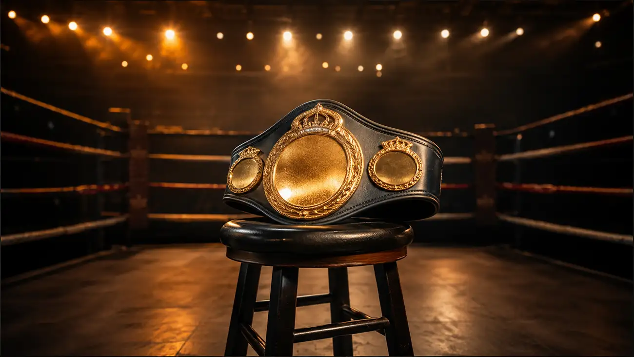 Cintura di campione del mondo di pugilato dorata appoggiata al centro del ring