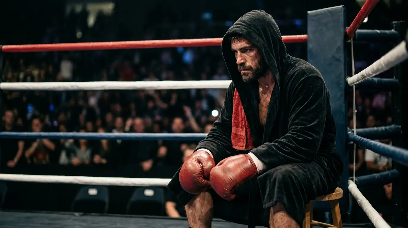 Pugile concentrato nel proprio angolo del ring prima dell'inizio dell'incontro