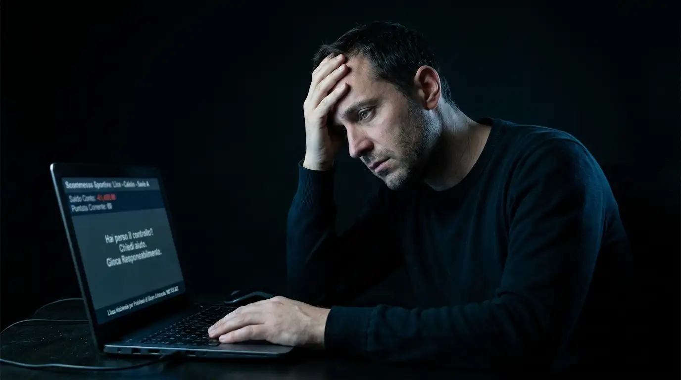 Persona pensierosa davanti allo schermo, segnali di un gioco fuori controllo