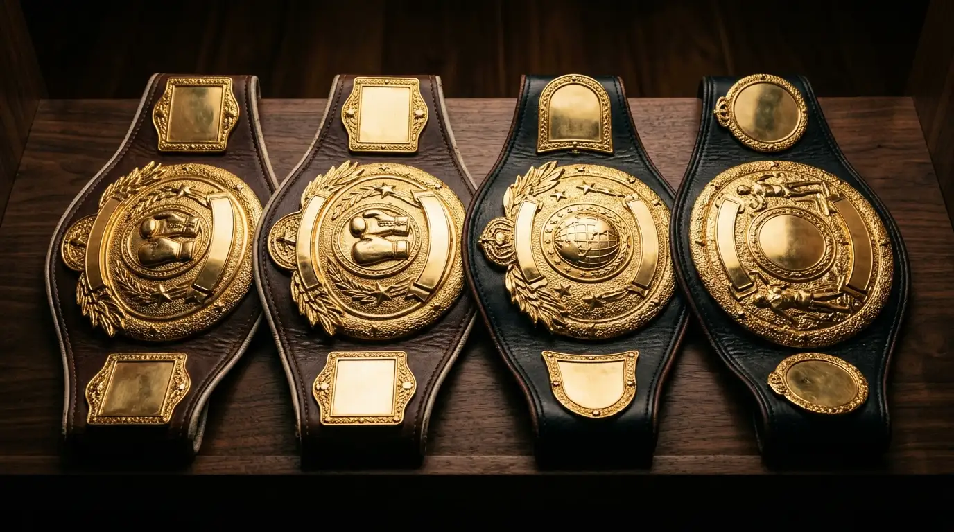 Diverse cinture di campione del mondo di pugilato esposte fianco a fianco
