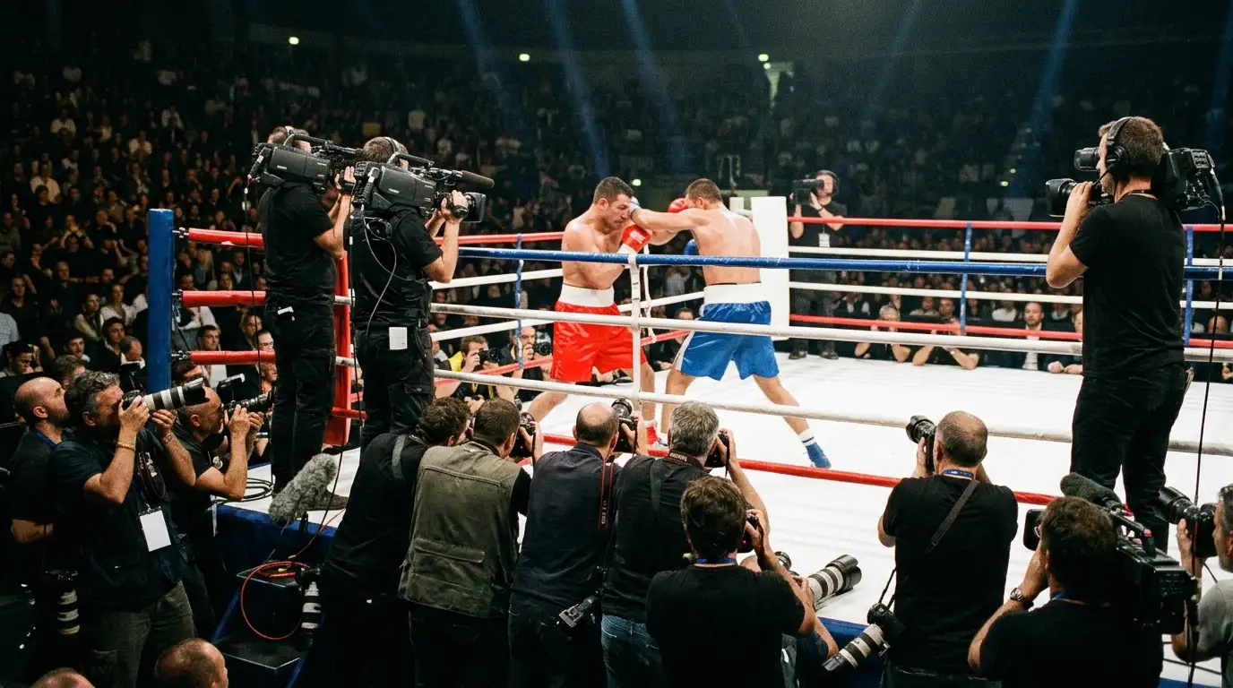 Telecamere e fotografi a bordo ring durante un grande evento di pugilato