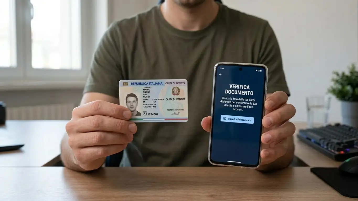 Persona che completa la verifica del documento per aprire un conto di gioco online